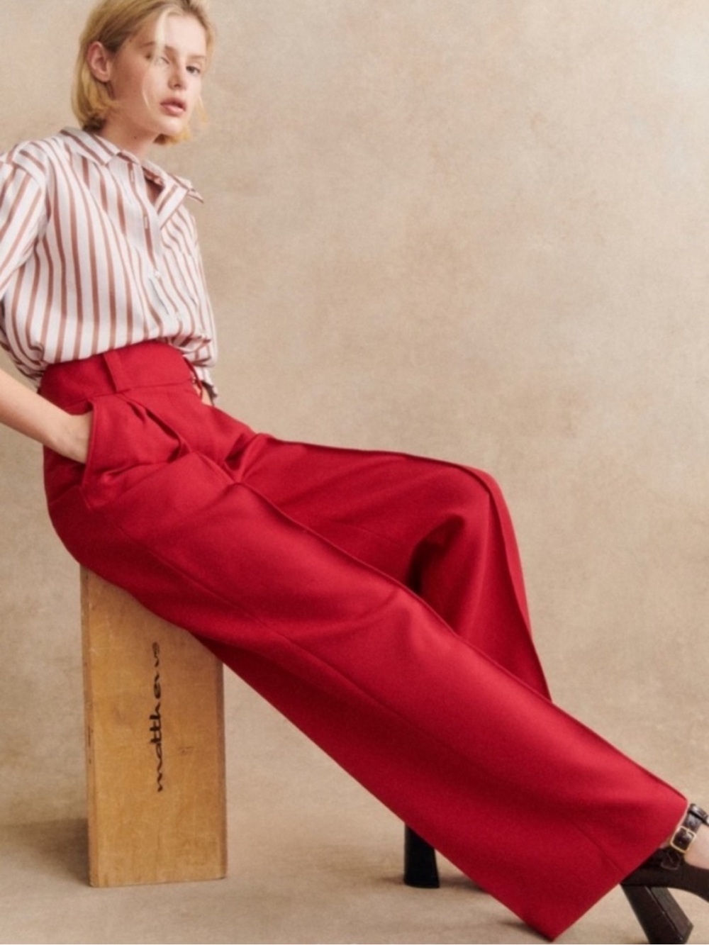 Sezane Aldo Trousers Pants High Rise Wide Leg Belted Red Wool Size Medium 38